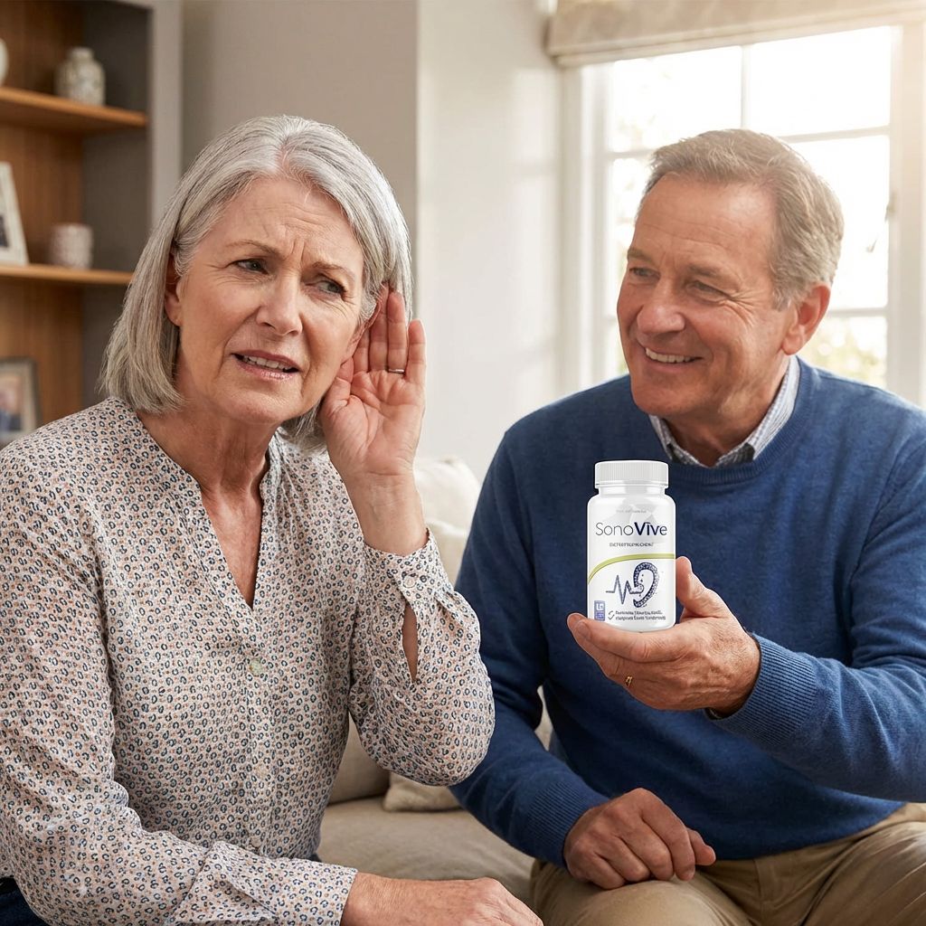 Elderly couple with SonoVive hearing health supplement - man showing bottle to woman with hearing difficulty